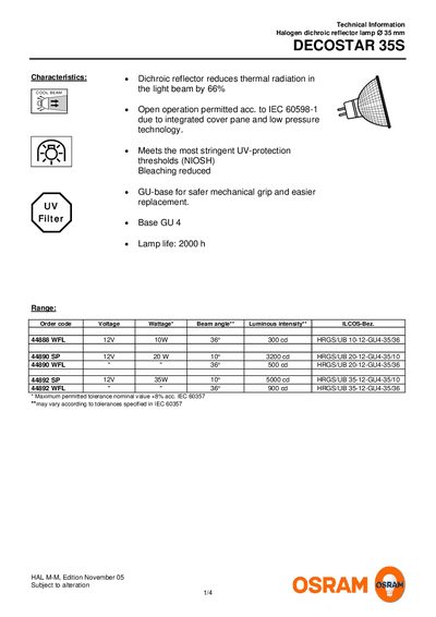 OSRAM DECOSTAR 35S Halogen Dichroic Reflector Lamp Technical Information - cover page