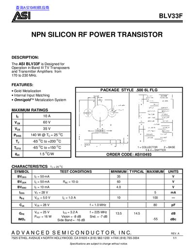 ASI BLV33F NPN Silicon RF Power Transistor Datasheet - cover page