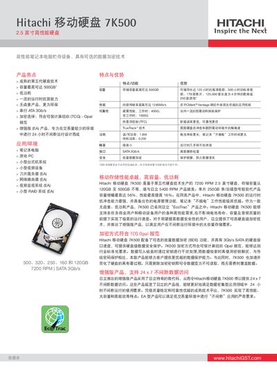 Hitachi 7K500 Mobile Hard Disk Datasheet - cover page