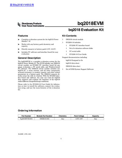 Texas Instruments bq2018EVM Evaluation Kit Handbook