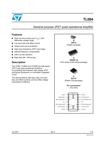 STMicroelectronics TL084 Operational Amplifier Datasheet - cover page