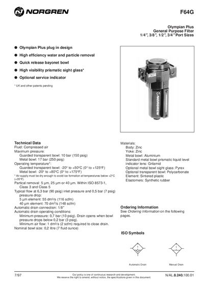 NORGREN F64G General Purpose Filter Product Data Sheet - cover page