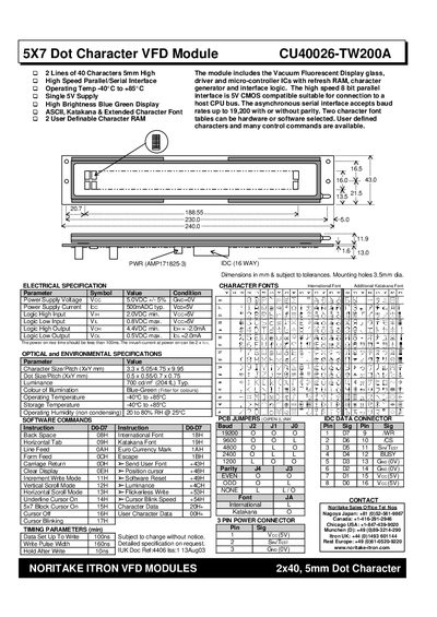 Noritake Itron CU40026-TW200A VFD Module Datasheet - cover page
