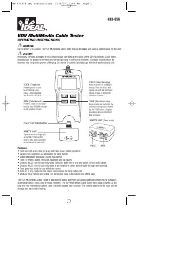 IDEAL 33-856 VDV MultiMedia Cable Tester Operating Instructions - cover page