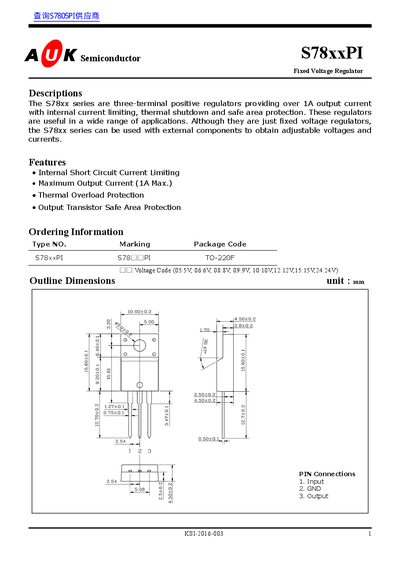 A K Semiconductor S78xxPI Fixed Voltage Regulator Datasheet - cover page