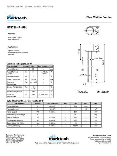 Marktech MT4730NF-UBL Blue Visible Emitter Datasheet - cover page