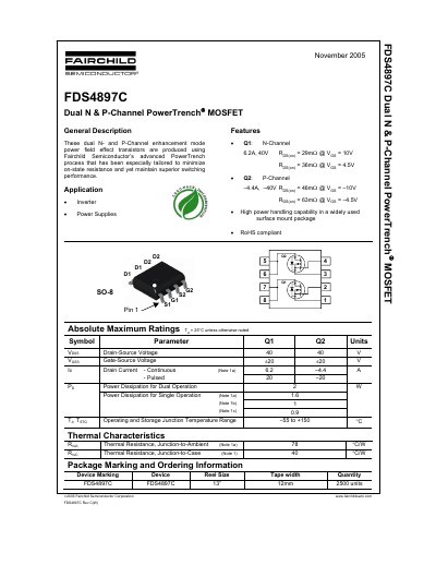 Fairchild Semiconductor FDS4897C Dual N & P-Channel PowerTrench MOSFET Datasheet - cover page