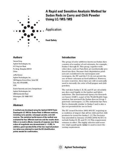Agilent G6410 Rapid Sensitive Analysis Method for Sudan Reds in Curry Chili Powder Using LC/MS/MS Application Note