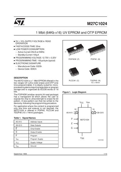 ST M27C1024 1 Mbit (64Kb x16) UV EPROM OTP EPROM handbook - cover page