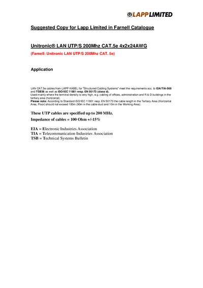 LAPP Unitronic LAN UTP/S 200MHz CAT.5e 4x2x24AWG Product Leaflet - cover page
