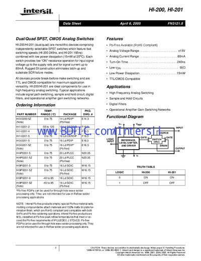 Intersil HI-200/HI-201 Dual/Quad Analog Switch Data Sheet