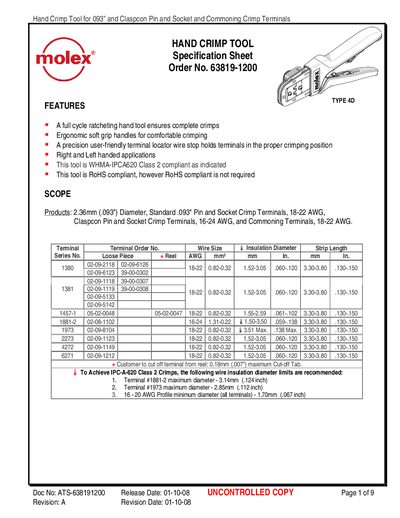 Molex 4D Hand Crimp Tool Specification Sheet - cover page