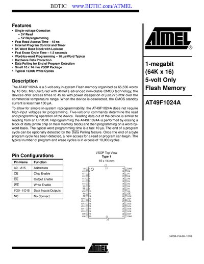 Atmel AT49F1024A Flash Memory Datasheet - cover page