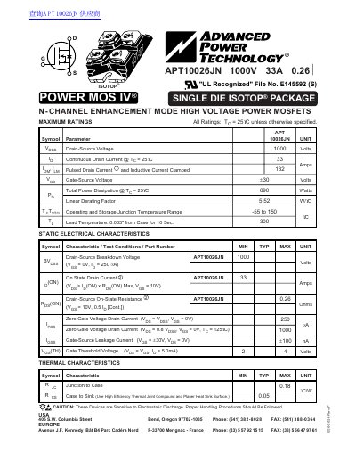 Advanced Power Technology APT10026JN N-Channel Enhancement Mode High Voltage Power MOSFET Datasheet - cover page