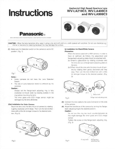 Panasonic WV-LA210C3 Aspherical High Speed Aperture Lens Installation Instructions - cover page
