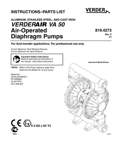 Verder VA 50 Air-Operated Diaphragm Pump User Manual and Parts List - cover page