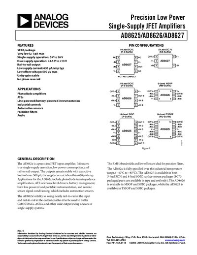 Analog Devices AD8625/AD8626/AD8627 Precision Low Power JFET Amplifier Datasheet - cover page