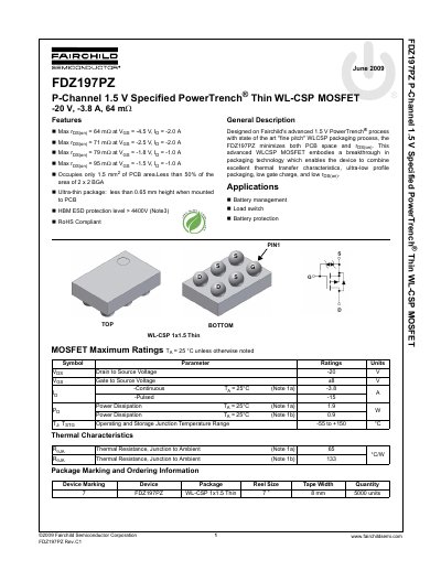 Fairchild FDZ197PZ P-Channel MOSFET Datasheet - cover page