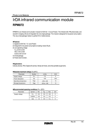 ROHM RPM872 Photo Link Module Datasheet - cover page