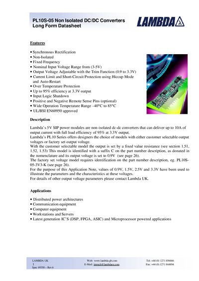 Lambda PL10S-05 Non Isolated DC/DC Converter Datasheet - cover page