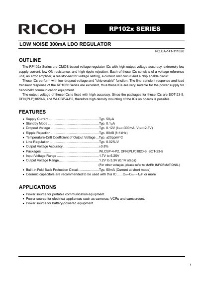 Ricoh RP102x Series Low Noise 300mA LDO Regulator Datasheet