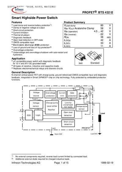 lnfineon PROFET BTS 432 I2 Manual - cover page