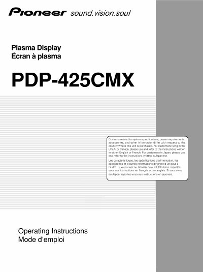 Pioneer PDP-425CMX Plasma Display Operating Instructions - cover page