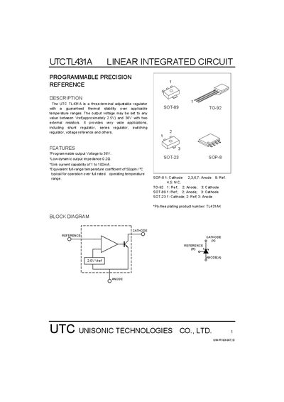UTC Unisonic TL431A Linear Integrated Circuit Datasheet - cover page