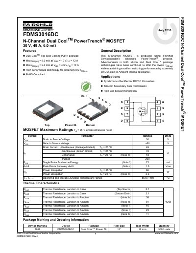 Fairchild Semiconductor FDMS3016DC N-Channel Dual Cool PowerTrench MOSFET Datasheet - cover page