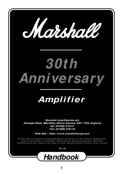 Marshall 30th Anniversary Amplifier Model 6100 Handbook - cover page