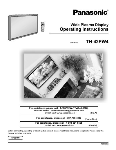 Panasonic TH-42PW4 Plasma Display Operating Instructions - cover page