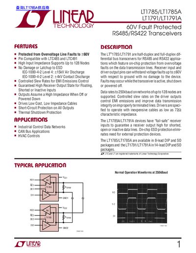 Linear Technology LT1785/LT1785A/LT1791/LT1791A RS485/RS422 Transceiver Datasheet - cover page