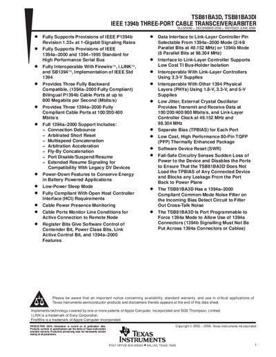 Texas Instruments TSB81BA3D/TSB81BA3DI IEEE 1394b Three-Port Cable Transceiver/Arbiter Datasheet - cover page