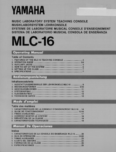 Yamaha MLC-16 Teaching Console Operation Manual - cover page