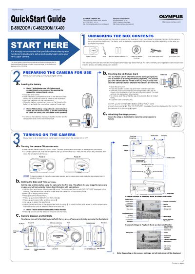 Olympus D-580ZOOM / C-460ZOOM / X-400 Digital Camera Quick Start Guide