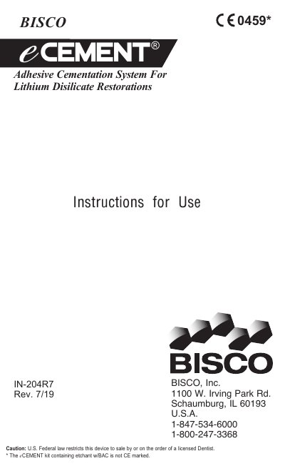 BISCO eCEMENT Adhesive Cementation System Instructions for Use