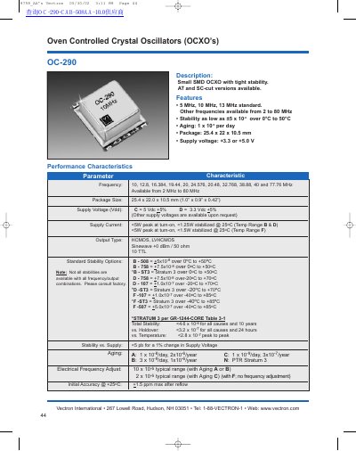 Vectron OC-290 Oven Controlled Crystal Oscillator Data Sheet - cover page