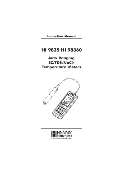Hanna Instruments HI 9835/HI 98360 Auto Ranging EC/TDS/NaCl Temperature Meters Instruction Manual - cover page