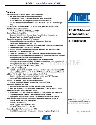 Atmel AT91RM9200 Microcontroller Datasheet - cover page