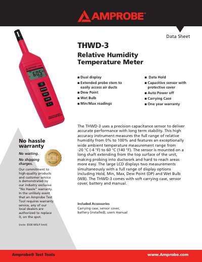 Amprobe THWD-3 Relative Humidity Temperature Meter Data Sheet - cover page