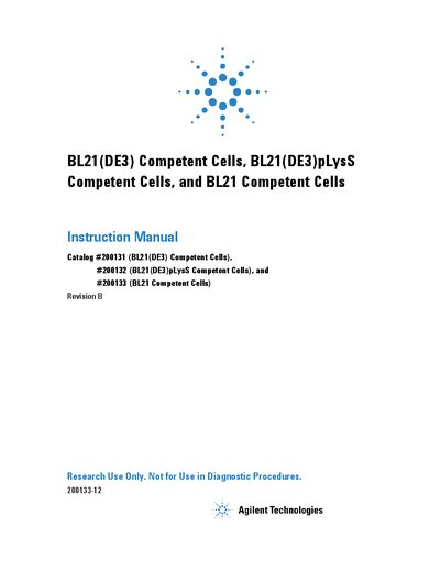Agilent Technologies BL21(DE3) Competent Cells BL21(DE3)pLysS Competent Cells BL21 Competent Cells Instruction Manual - cover page