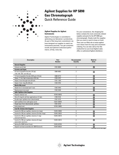 Agilent HP 5890 Gas Chromatograph Supplies Quick Reference Guide - cover page