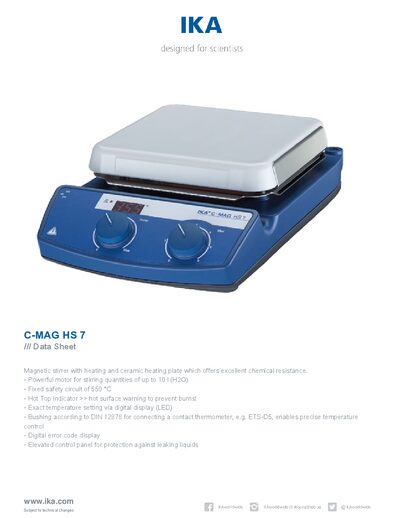 IKA C-MAG HS 7 Magnetic Stirrer Data Sheet - cover page