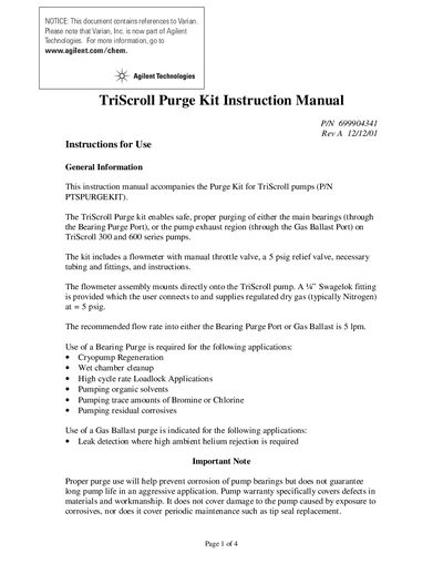 Agilent Technologies TriScroll Purge Kit Instruction Manual - cover page