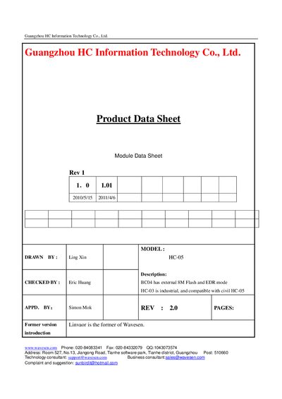 HC-05 Bluetooth Module Datasheet - cover page