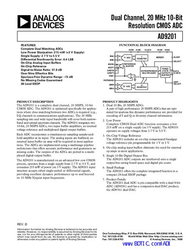 Analog Devices AD9201 Dual‑Channel 10‑Bit ADC Datasheet - cover page