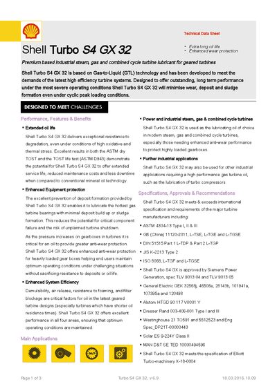 Shell Turbo S4 GX 32 Technical Data Sheet - cover page