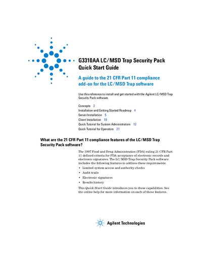 Agilent G3310AA LC/MSD Trap Security Pack Quick Start Guide - cover page