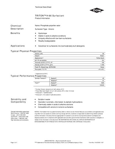 Dow H-66 Surfactant Technical Data Sheet - cover page