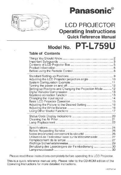 Panasonic PT-L759U LCD Projector Operating Instructions Quick Reference Manual - cover page
